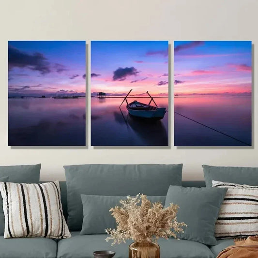 3pcs  Ocean Environment Sunset Boat Cloud Purple  Metal Print Ready to Hang Art