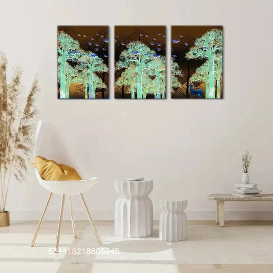 3pcs Golden sika deer and Golden ribbons Metal Print Ready to Hang Art