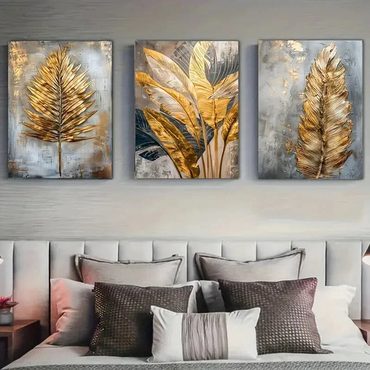3pcs  Golden Leaf & Feather  Wall Art Set Canvas Framed 40x60cm - High Quality Print 100% Australian Made Wall Canvas Ready to Hang