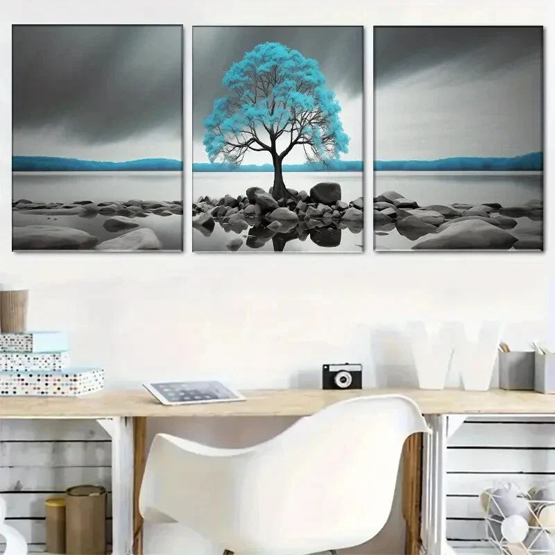 3pcs Mesmerizing Blue Tree Landscape Metal Print Ready to Hang Art