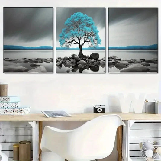 3pcs Mesmerizing Blue Tree Landscape Metal Print Ready to Hang Art