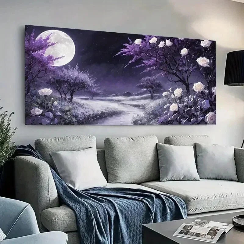 Moonlit Forest Roses Path wall canvas office home room framed 120x60cm