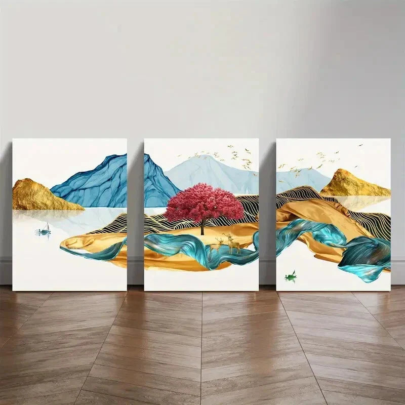 3pcs Abstract Golden new Chinese forest landscape Wall Art Set Canvas Framed 40x60cm - High Quality Print 100% Australian Made Wall Canvas Ready to Hang