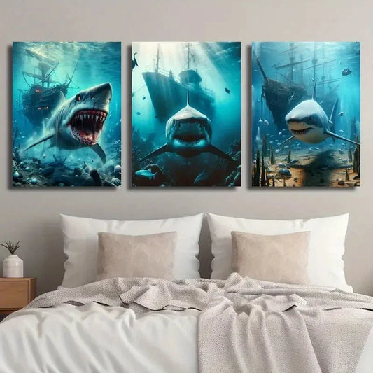 3pcs Underwater Pirate Ship & Predator Metal Print Ready to Hang Art