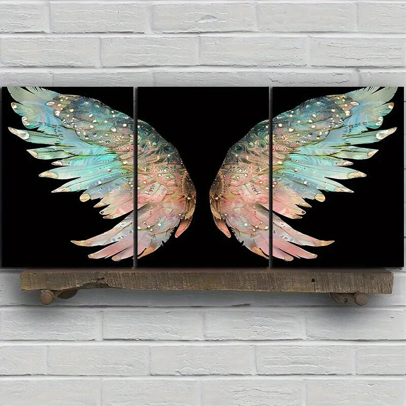 3pcs Angel Wings Blue Rose Stunning Gold Metal Print Ready to Hang Art