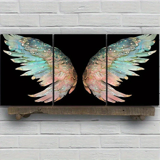 3pcs Angel Wings Blue Rose Stunning Gold Metal Print Ready to Hang Art