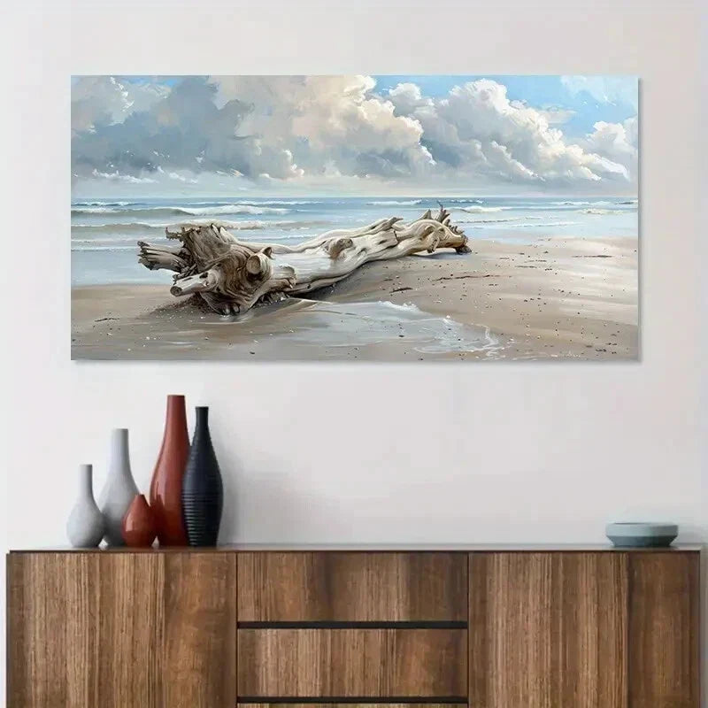 Blue Beach Wood Painting wall canvas office home room framed 120x60cm