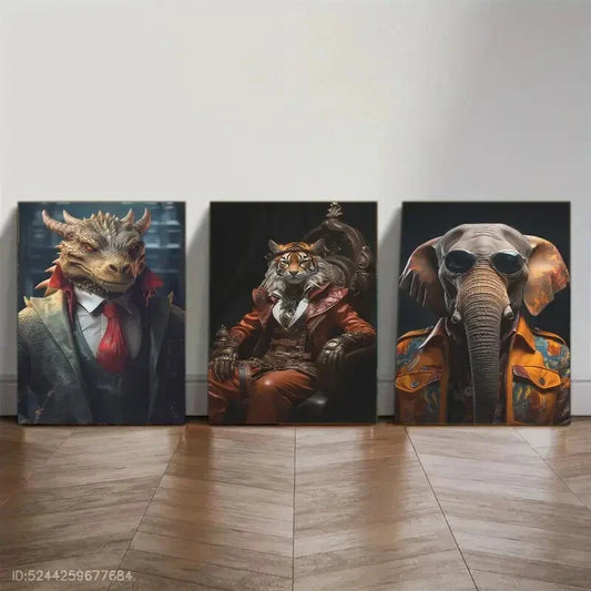 3pcs Modern Dragon Tiger & Elephant Portraits Metal Print Ready to Hang Art