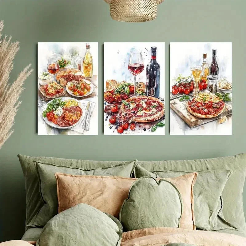 3pcs Retro Italian Pizza and Wine Food Metal Print Ready to Hang Art