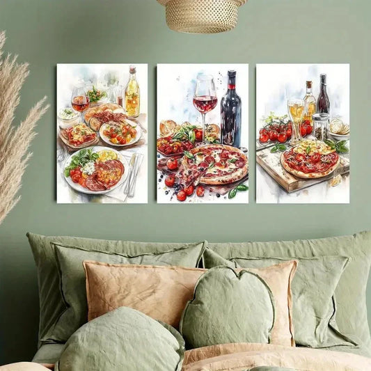 3pcs Retro Italian Pizza and Wine Food Metal Print Ready to Hang Art