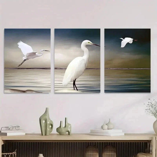3pcs White Egret Triptych Paintings Wall Art Set Canvas Framed 40x60cm - High Quality Print 100% Australian Made Wall Canvas Ready to Hang