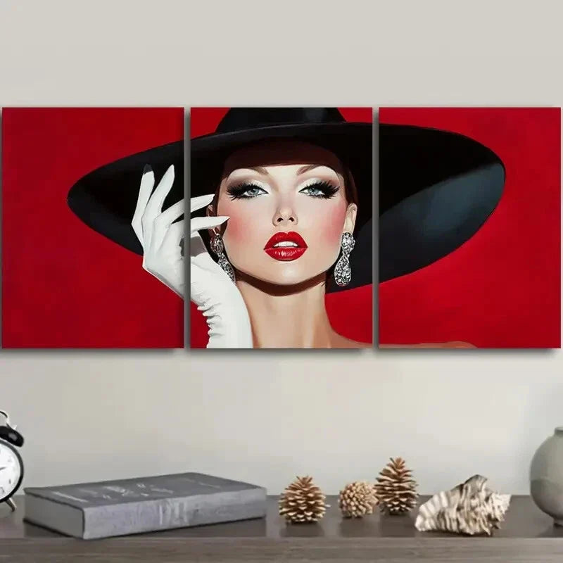 3pcs Fashionable woman in black hat Wall Art Set Canvas Framed 40x60cm - High Quality Print 100% Australian Made Wall Canvas Ready to Hang