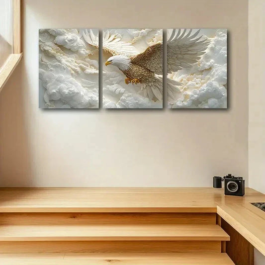 3pcs Embossed Eagle with Golden Wings Cloud Design Metal Print Ready to Hang Art