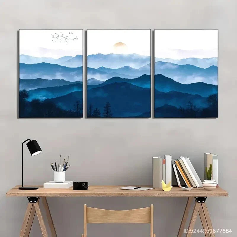 3pcs Distant Mountains and Clouds Blue Mountains Metal Print Ready to Hang Art