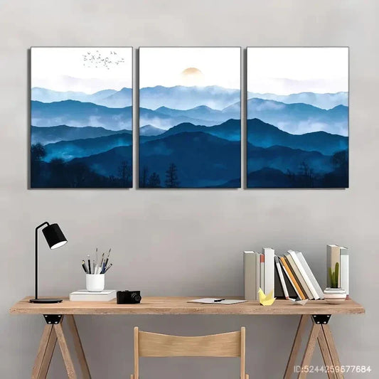 3pcs Distant Mountains and Clouds Blue Mountains Metal Print Ready to Hang Art