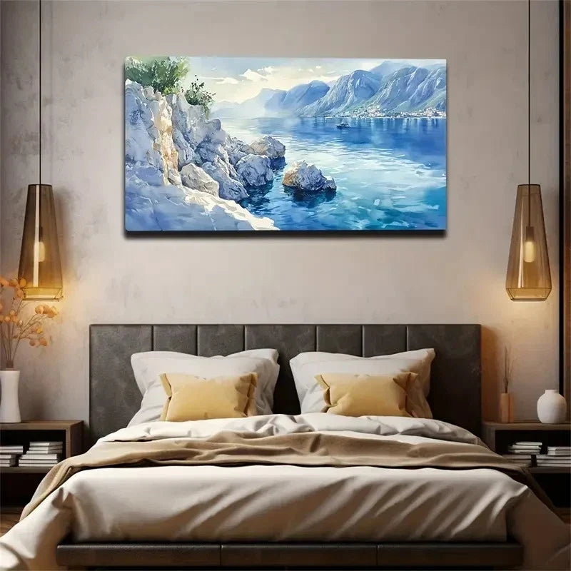 Blue Waters & Mountains Wall Art Canvas Office Home Room Framed 120x60cm