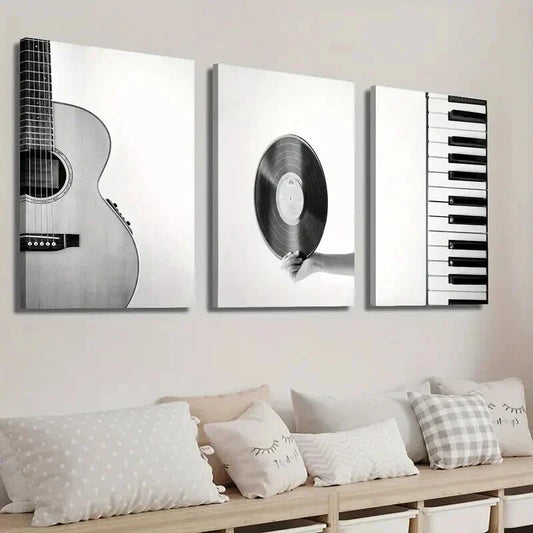 3pcs Black and White Guitar Vinyl Record & Piano Wall Art Set Canvas Framed 40x60cm - High Quality Print 100% Australian Made Wall Canvas Ready to Hang
