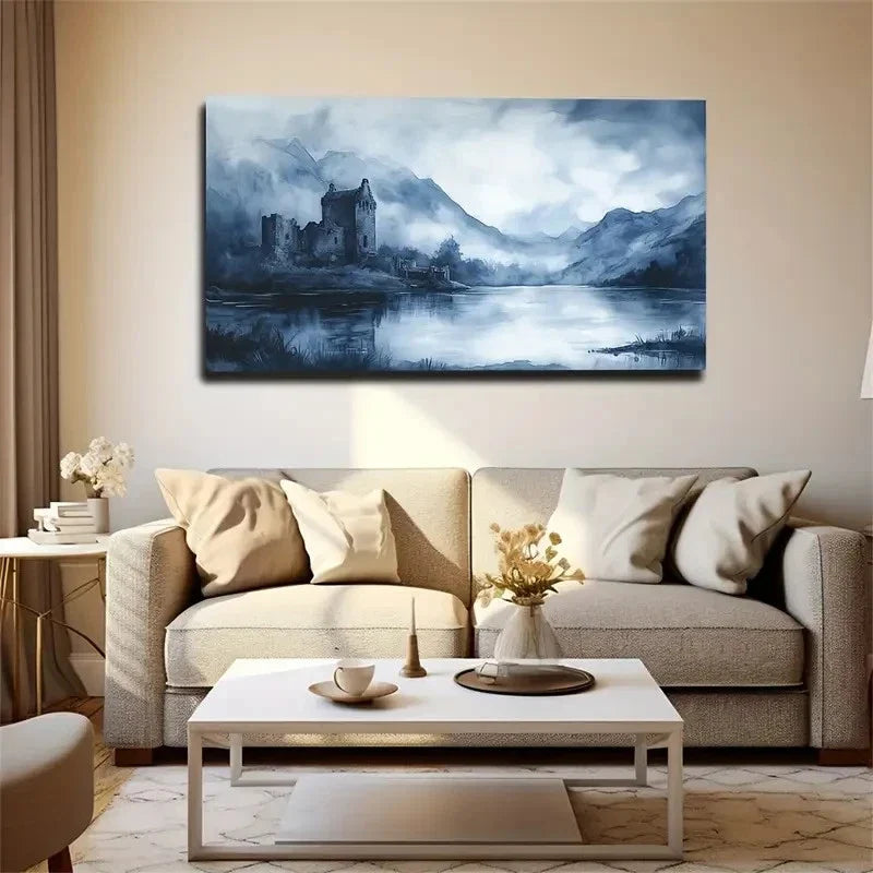 The Lakeside Castle Creative Wall Art Canvas Office Home Room Framed 120x60cm