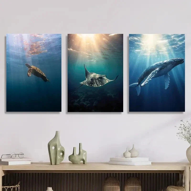 3pcs Devil Fish Blue Whale Ocean Illumination Metal Print Ready to Hang Art