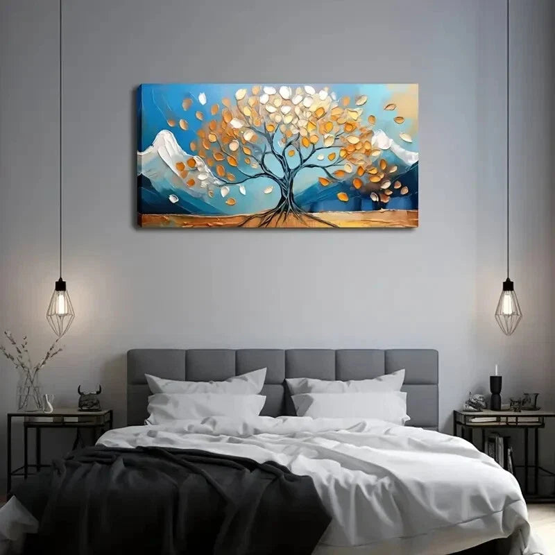 Golden Tree In Front Of Snow Wall Art Canvas Office Home Room Framed 120x60cm
