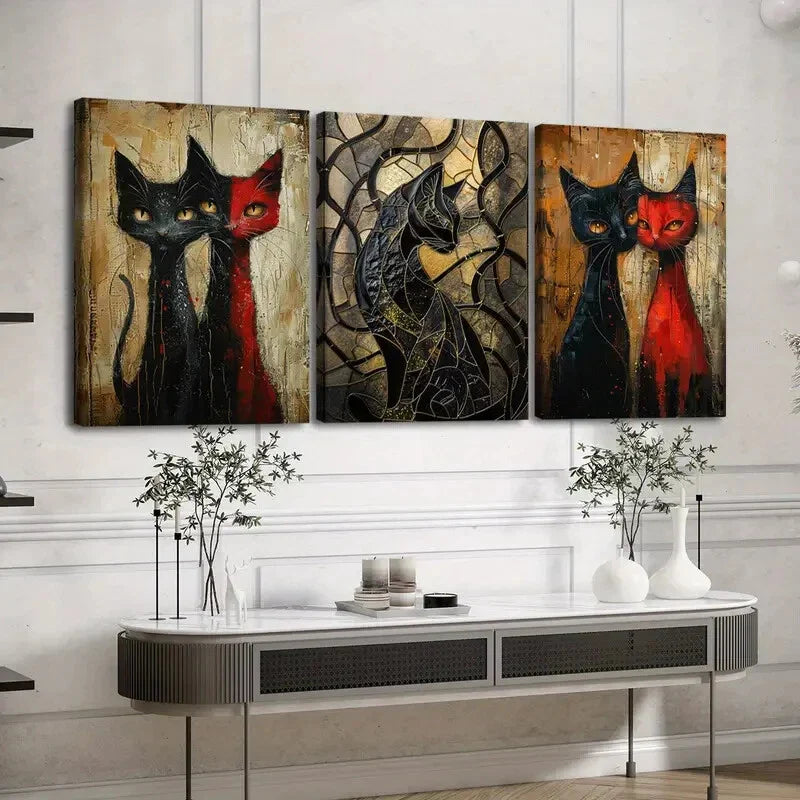 3pcs Various Animals Cats Black Red Black Lines Wall Art Set Canvas Framed 40x60cm - High Quality Print 100% Australian Made Wall Canvas Ready to Hang
