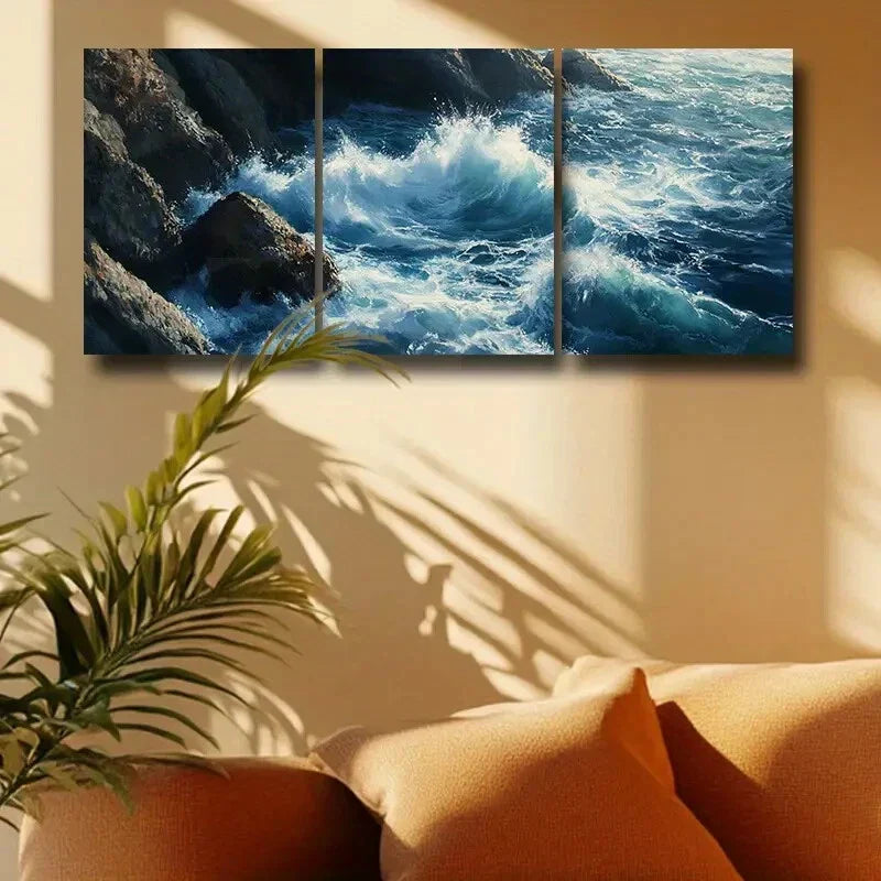 3pcs Dramatic Blue Sea Waves with Rocks Metal Print Ready to Hang Art