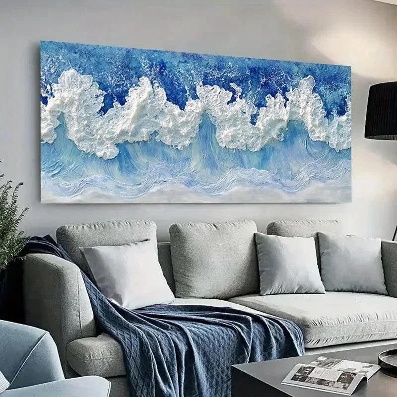 Blue & White Ocean Waves wall canvas office home room framed 120x60cm