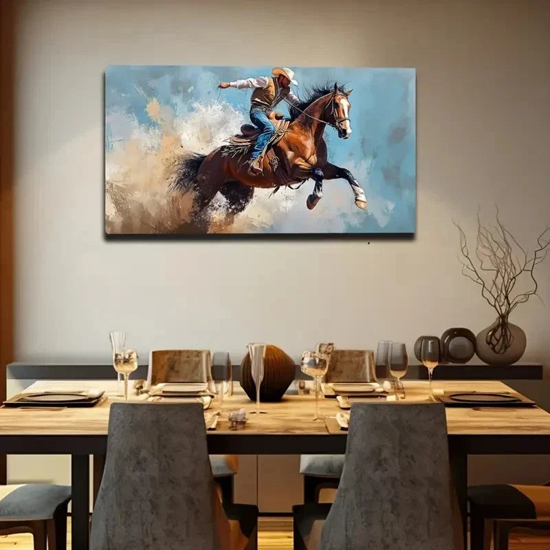 Cowboy On Horseback Wall Art Canvas Office Home Room Framed 120x60cm