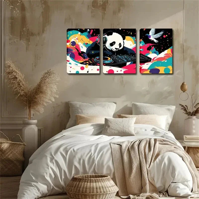 3pcs wearing headphones music genius Panda  Wall Art Set Canvas Framed 40x60cm - High Quality Print 100% Australian Made Wall Canvas Ready to Hang