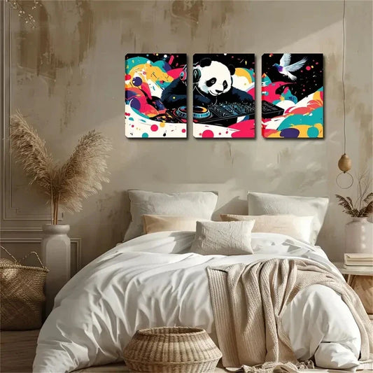 3pcs wearing headphones music genius Panda  Wall Art Set Canvas Framed 40x60cm - High Quality Print 100% Australian Made Wall Canvas Ready to Hang