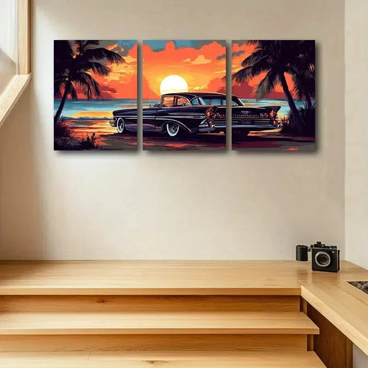 3pcs Classic Car, Palm Trees & Sunset Beach Scene Metal Print Ready to Hang Art