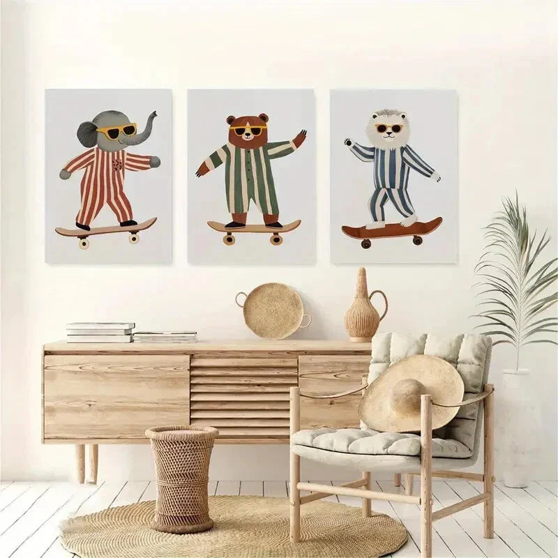 3pcs Whimsical Elephant, Lion & Bear Riding Waves Metal Print Ready to Hang Art