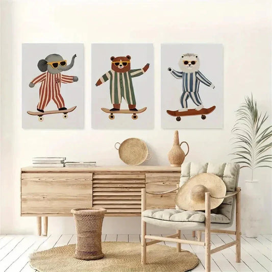3pcs Whimsical Elephant, Lion & Bear Riding Waves Metal Print Ready to Hang Art
