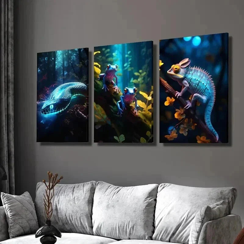 3pcs Blue Glowing Snake Frog & Chameleon Wall Art Set Canvas Framed 40x60cm - High Quality Print 100% Australian Made Wall Canvas Ready to Hang