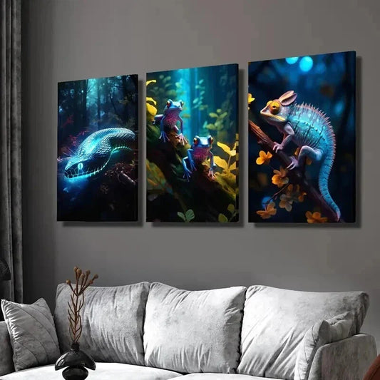3pcs Blue Glowing Snake Frog & Chameleon Wall Art Set Canvas Framed 40x60cm - High Quality Print 100% Australian Made Wall Canvas Ready to Hang