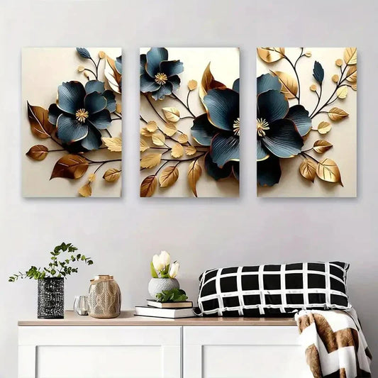 3pcs Blue and Golden Flower & Leaf Design Metal Print Ready to Hang Art
