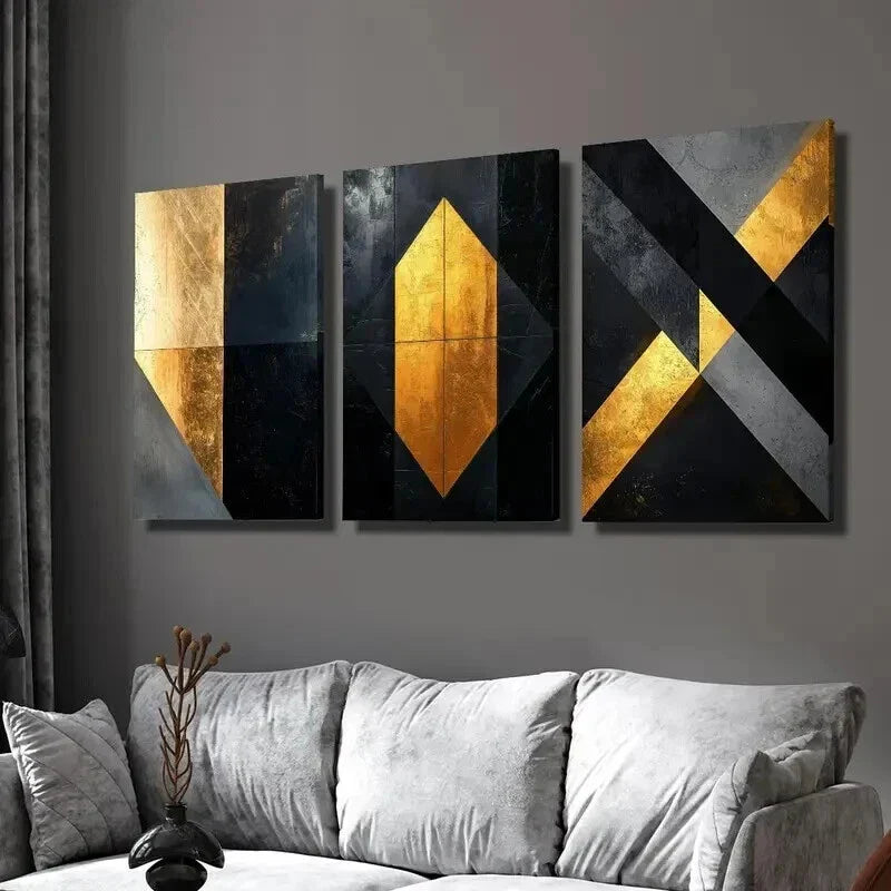 3pcs Golden and Black Geometric Marble Texture Wall Art Set Canvas Framed 40x60cm - High Quality Print 100% Australian Made Wall Canvas Ready to Hang