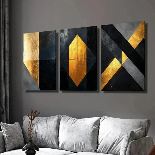 3pcs Golden and Black Geometric Marble Texture Wall Art Set Canvas Framed 40x60cm - High Quality Print 100% Australian Made Wall Canvas Ready to Hang
