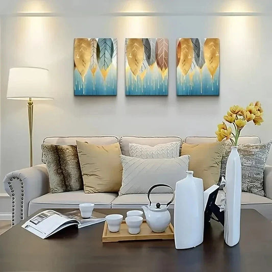 3pcs Golden Leaves Abstract Paintings  Metal Print Ready to Hang Art
