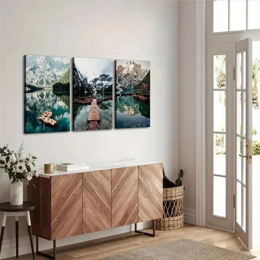 3pcs Mountain Lake Scenery with Canoes Wall Art Set Canvas Framed 40x60cm - High Quality Print 100% Australian Made Wall Canvas Ready to Hang