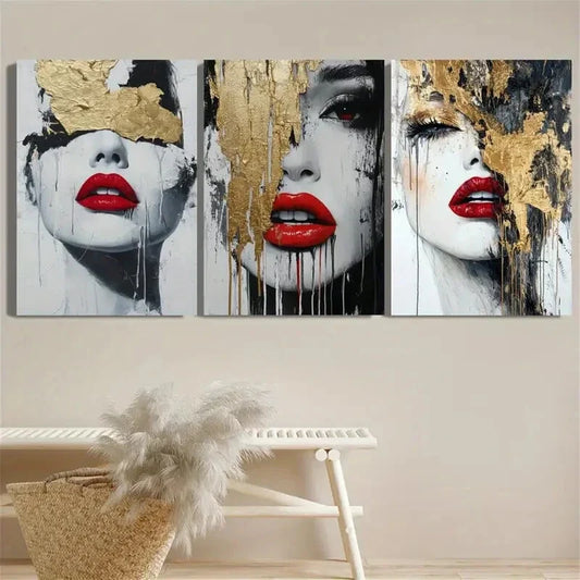 3pcs Red Lipstick Abstract Girl Metal Print Ready to Hang Art