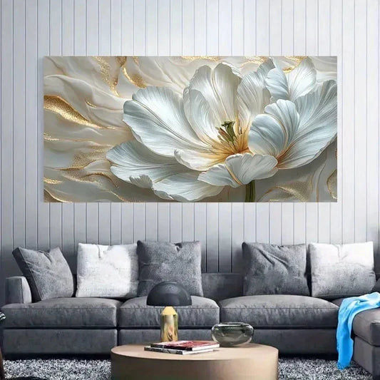 White & Golden Peony Decor Wall Art Canvas Office Home Room Framed 120x60cm