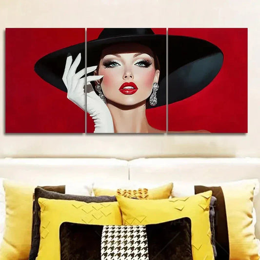 3pcs Fashionable woman in black hat Wall Art Set Canvas Framed 40x60cm - High Quality Print 100% Australian Made Wall Canvas Ready to Hang