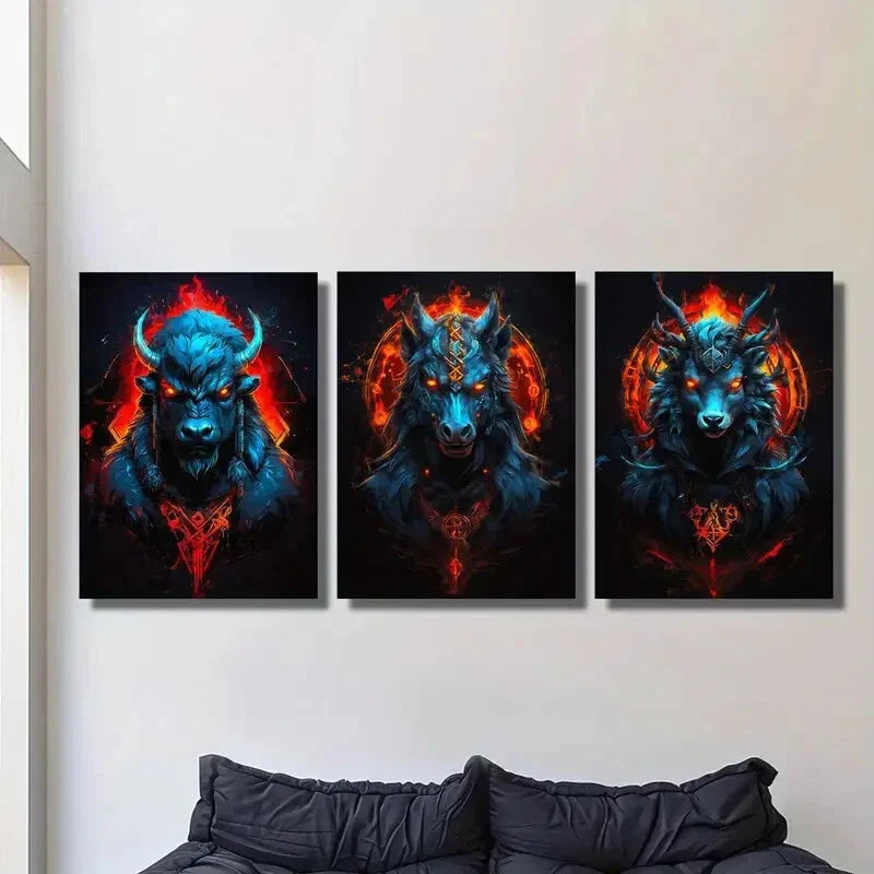 3pcs Ferocious animal art with red flames, Colorful Metal Print Ready to Hang Art