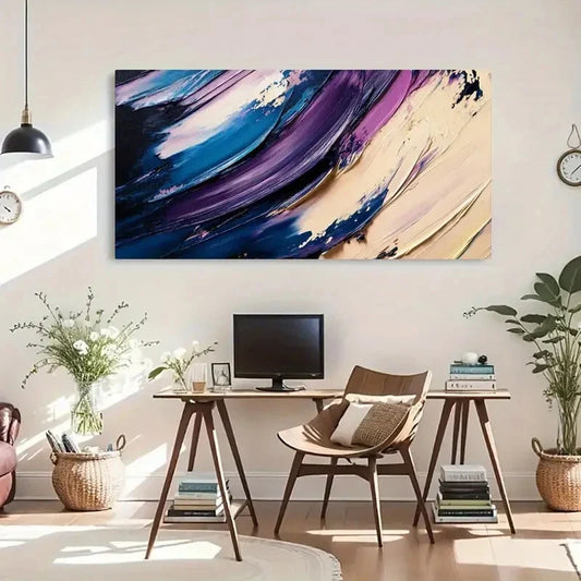 Energetic Abstract Blue Purple Wall Art Canvas Office Home Room Framed 120x60cm