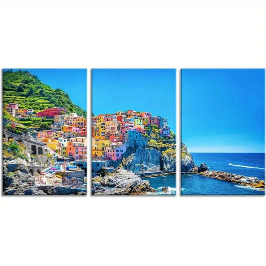 3pcs  Traditional Port Mediterranean Sea Cinque  Metal Print Ready to Hang Art