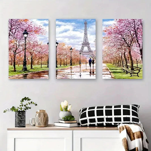 3pcs Eiffel Tower in Spring Cherry Blossom Metal Print Ready to Hang Art
