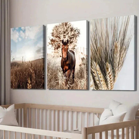 3pcs Brown Horse Western Bohemian Decor Wall Art Set Canvas Framed 40x60cm - High Quality Print 100% Australian Made Wall Canvas Ready to Hang