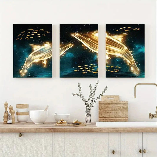 3pcs Gold Whale Animals Metal Print Ready to Hang Art