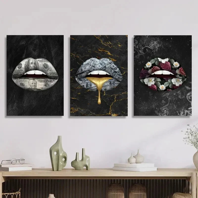 3pcs  Money lips creative poster, golden expensive Metal Print Ready to Hang Art